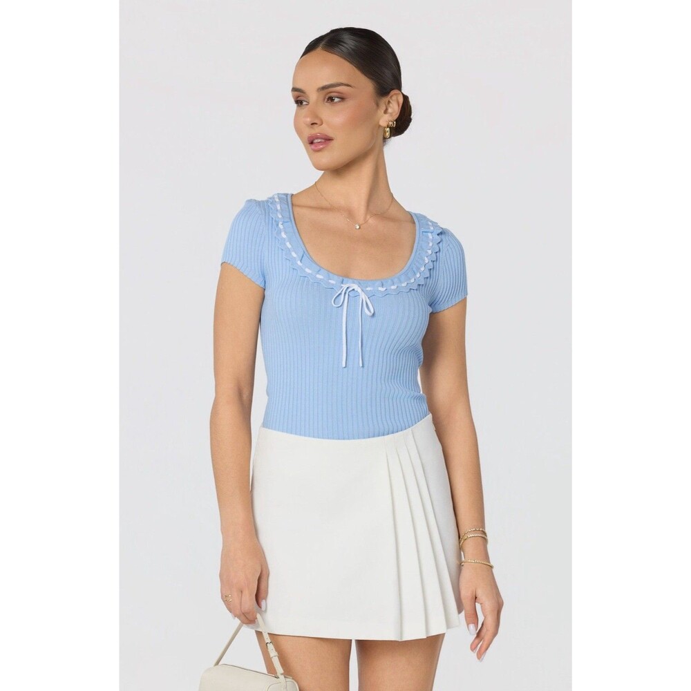 ASTR The Label Lina Ribbed Knit Ruffle Scoop Neck Tie Front Top Blue XS
